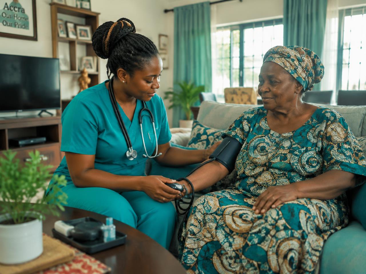 A nurse checking an elderly woman's blood pressure at home in Accra